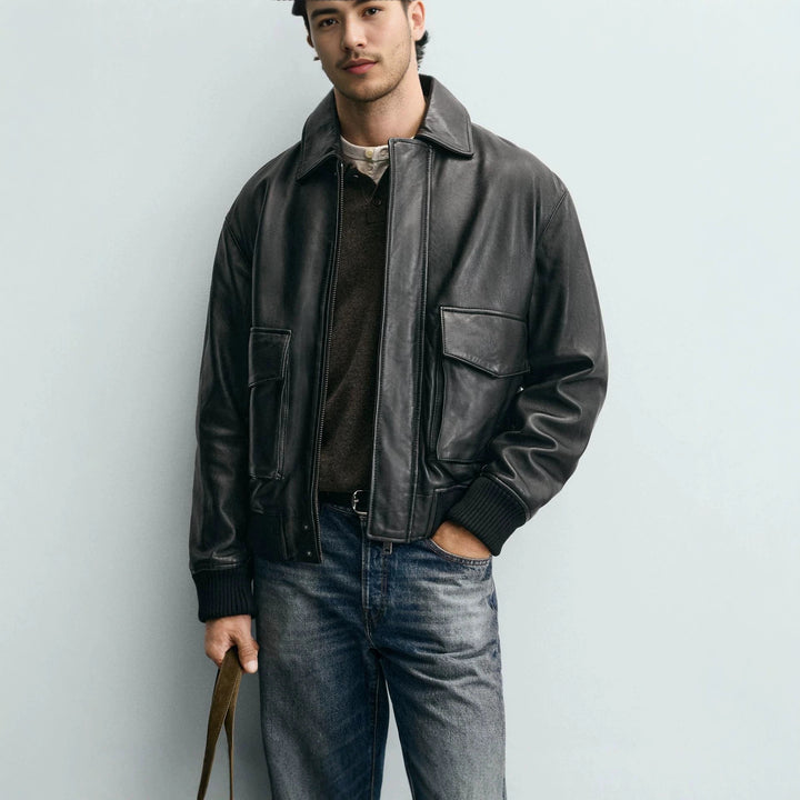 Men's smooth leather blouson in pilot style with shirt collar and patch flap pockets Mune Fashion