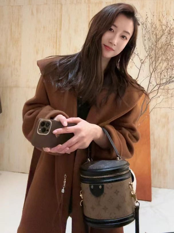 Women's Oversized Wool Coat with Hood and Waist Belt Mune Fashion