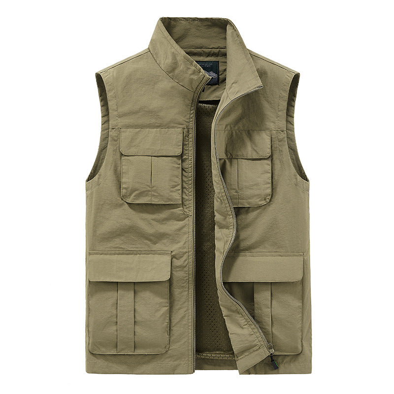 Men's Multifunctional Canvas Utility Vest with High Stand Collar and Multiple Flap Pockets Mune Fashion
