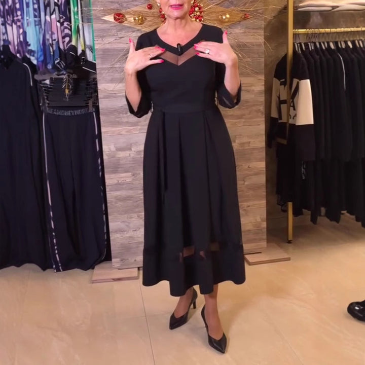 Women's fitted midi dress with transparent mesh inserts, tie belt and feminine A-line Mune Fashion