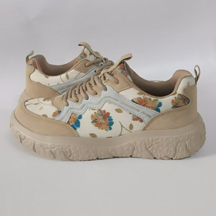Women's fashionable platform sneakers with floral canvas pattern and suede trim Mune Fashion
