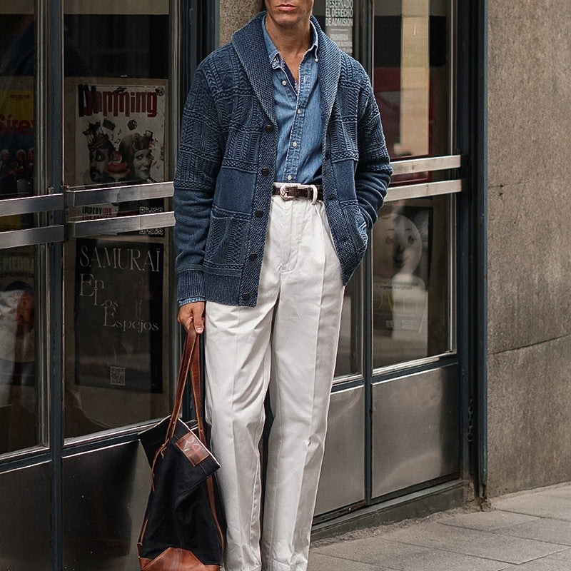 Men's Knitted Shawl Collar Cardigan with Textured Knit and Patch Pockets Mune Fashion