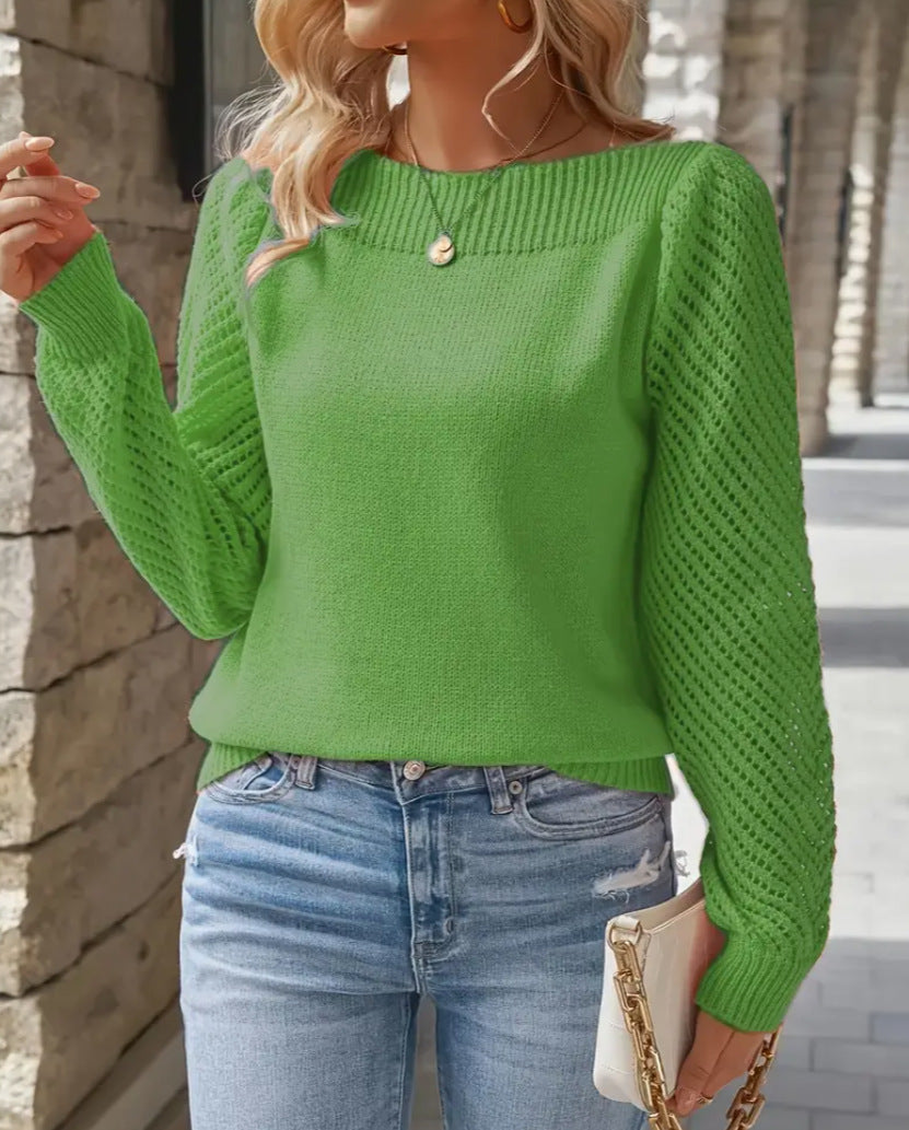 Women's fine knit sweater with ajour puff sleeves and bateau neckline Mune Fashion