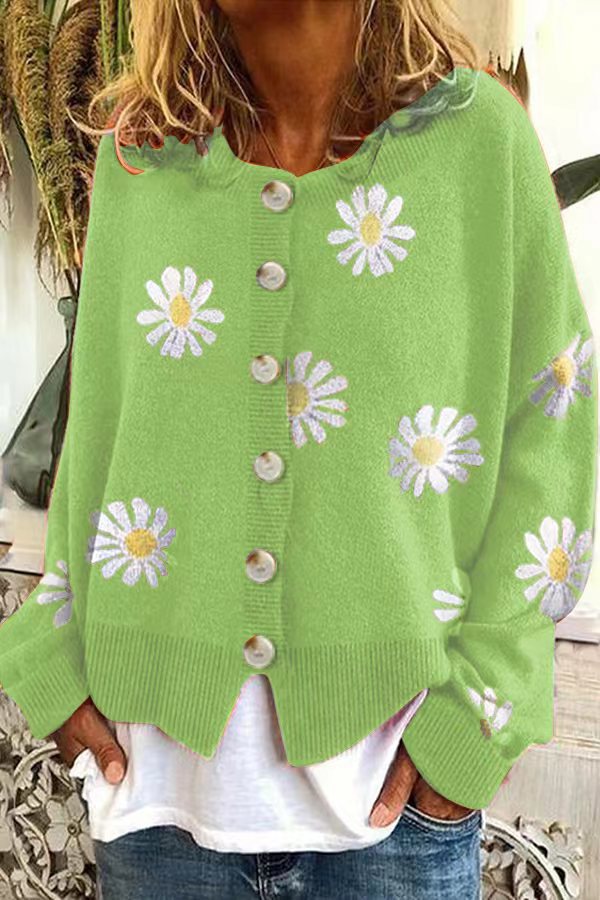 Women's Oversize Knit Cardigan with Flower Appliqué, Mother-of-Pearl Buttons and Wave Hem Mune Fashion