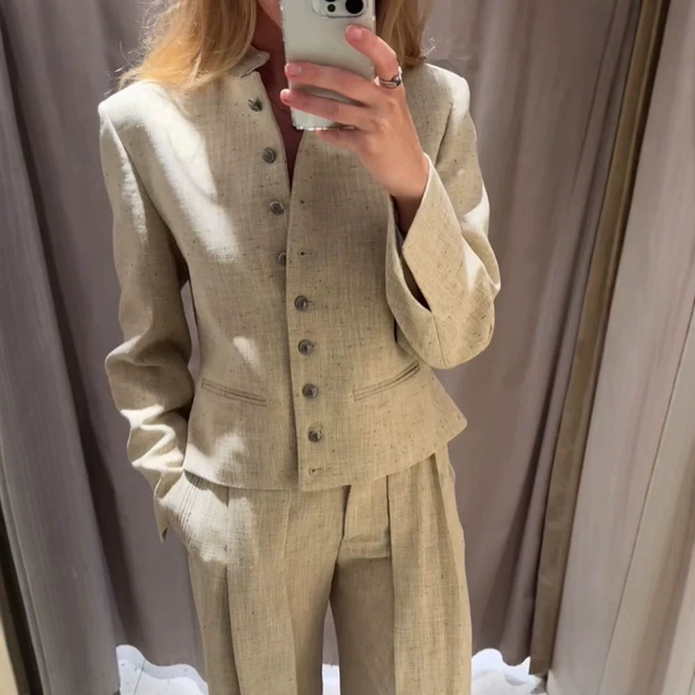 Women's stand collar jacket with metal buttons and wide pleated trousers Mune Fashion