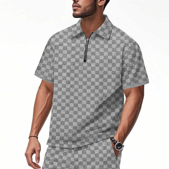 Men's short half-zip polo shirt made of structured waffle piqué with shirt collar and fitted silhouette Mune Fashion