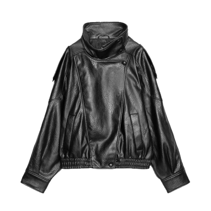 Women's Stylish Leather Jacket with High Collar