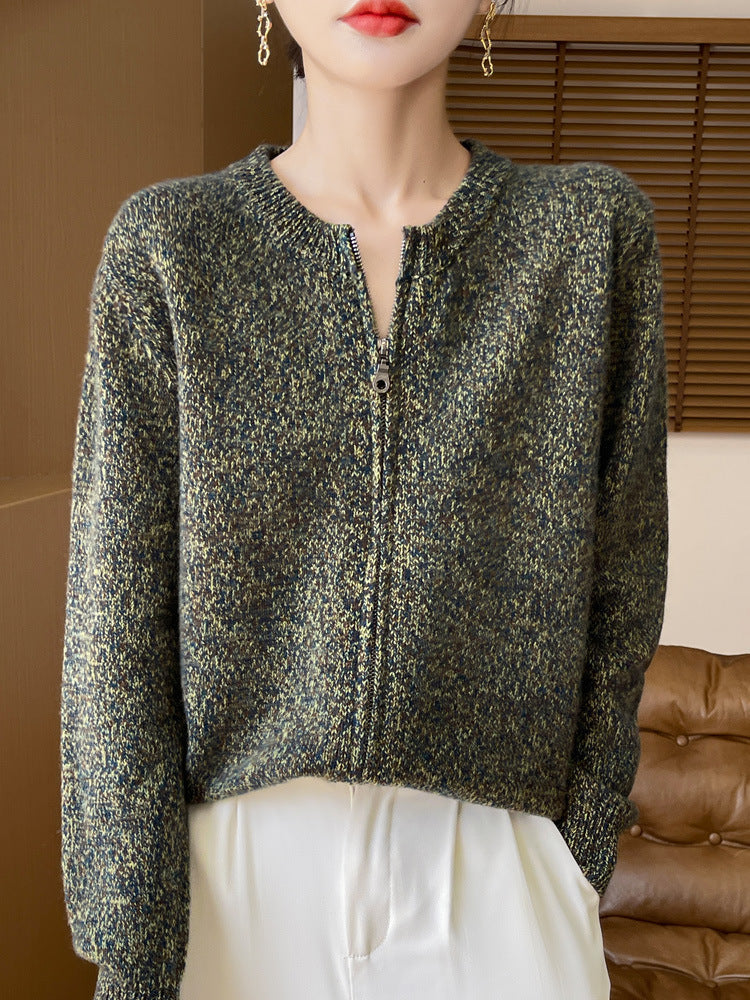 Women's Melange Zipper Cardigan with Two-Way Zipper and Ribbed Cuffs Mune Fashion