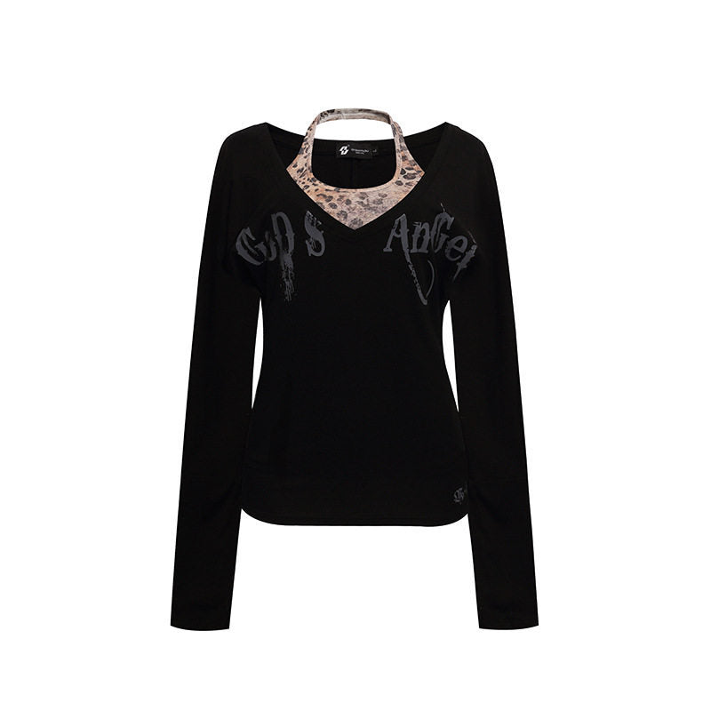 Women's Layered Long Sleeve Shirt with Integrated Halter Neck and Vintage Graphic Mune Fashion