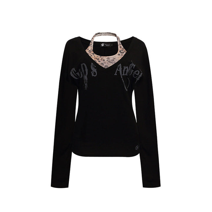 Women's Layered Long Sleeve Shirt with Integrated Halter Neck and Vintage Graphic Mune Fashion