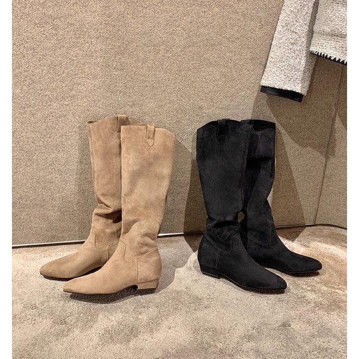 Ladies Knee-High Slouch Boots made of soft suede leather with pointed toe and low heel Mune Fashion