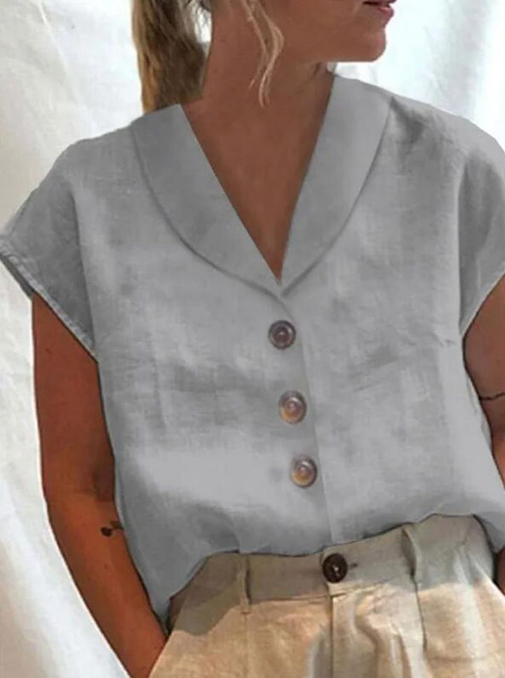 Women's casual linen blouse top with notched collar and wood button placket Mune Fashion