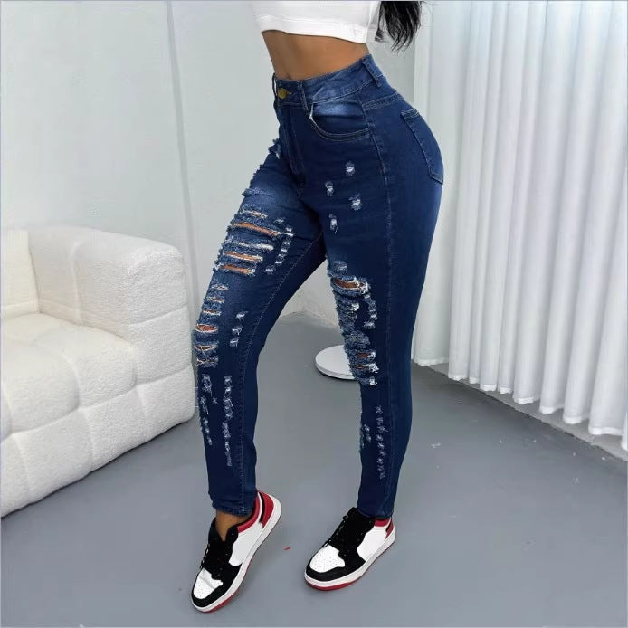 Women High-Waisted Ripped Skinny Jeans with Waist-Shaping Comfort Band Mune Fashion