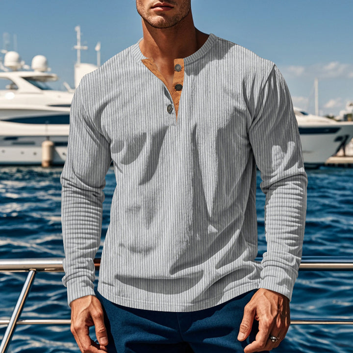 Men's ribbed long-sleeve Henley shirt with stand-up collar and concealed placket made of breathable jersey Mune Fashion