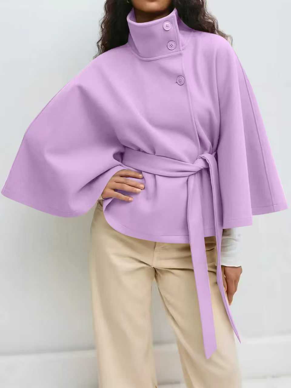 Women's Widely Cut Cape Coat with High Stand-up Collar, Button Placket, and Tie Belt Mune Fashion