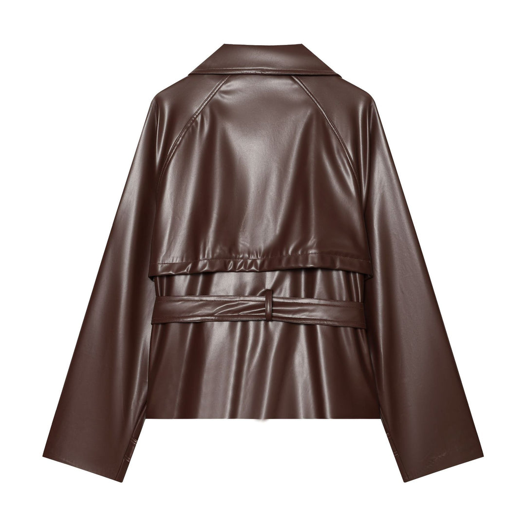 Women's Short Double-Breasted Faux Leather Trench Coat with Waist Belt Mune Fashion