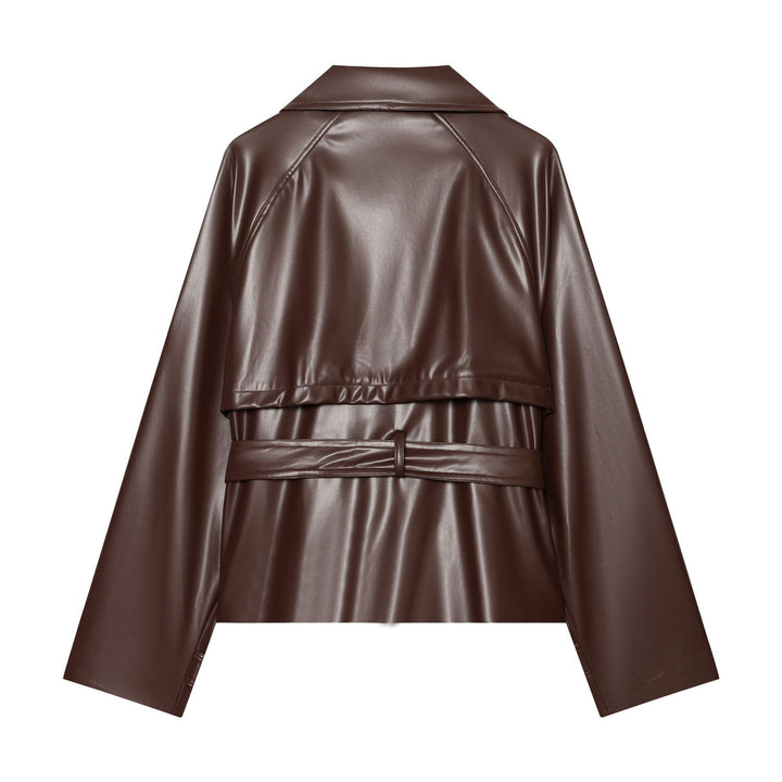 Women's Short Double-Breasted Faux Leather Trench Coat with Waist Belt Mune Fashion