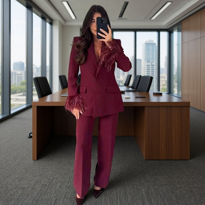 Women Stylish tailored blazer pantsuit with feather trim on cuffs Mune Fashion
