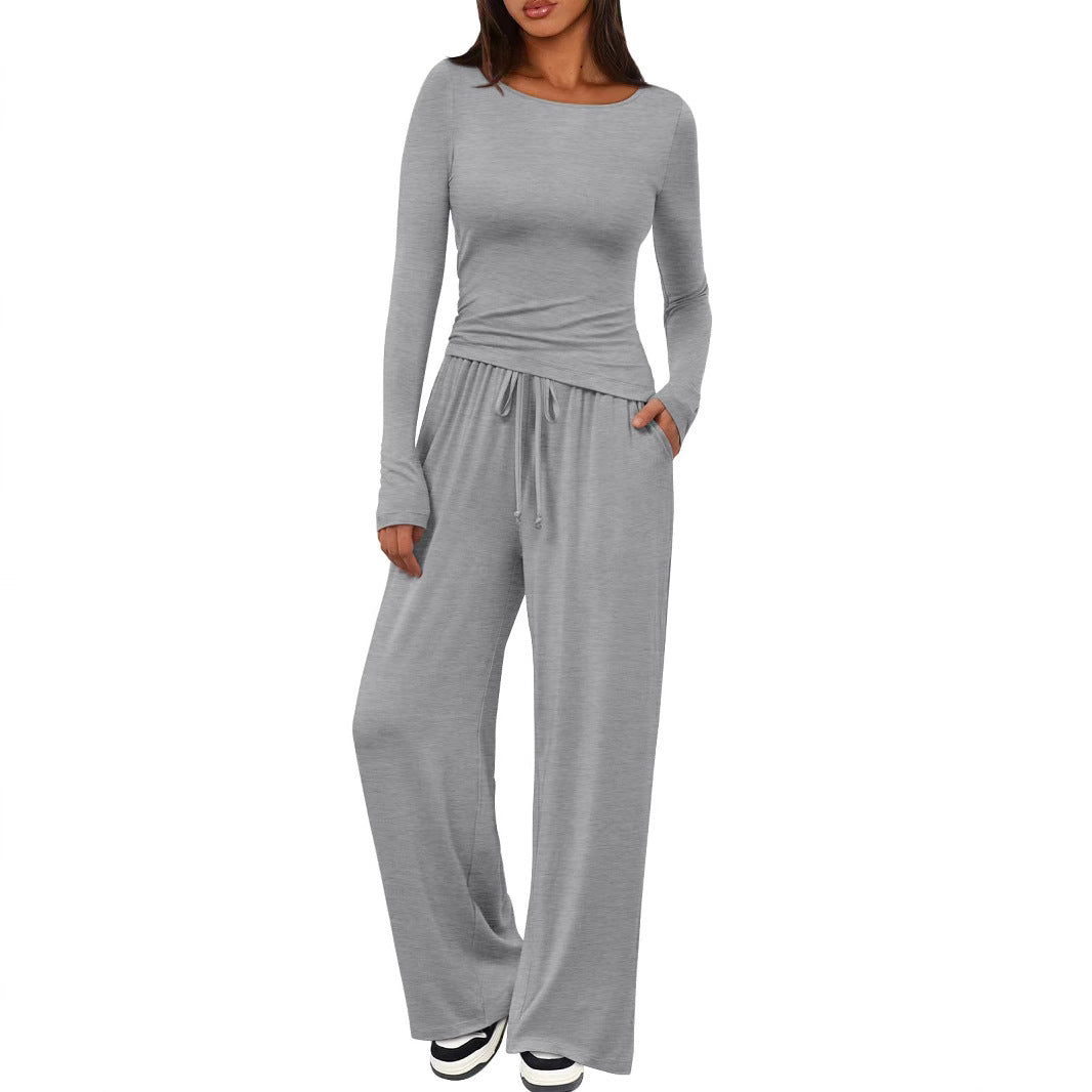 Women's Fitted Long Sleeve Shirt and Palazzo Jersey Pants Loungewear Set Mune Fashion