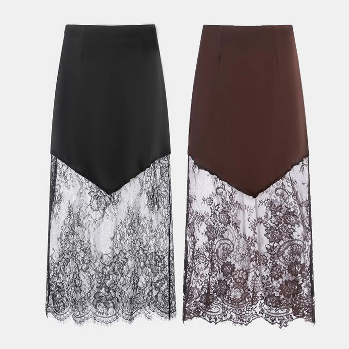 Women's satin skirt with lace overlay and asymmetrical dipped hem Mune Fashion