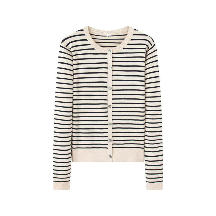Women knitted striped fine knit cardigan with round neckline and full button placket Mune Fashion