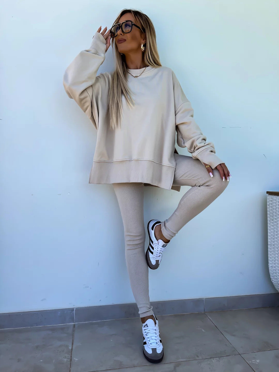 Women nan Oversize Sweatshirt with tailored rib leggings set Mune Fashion