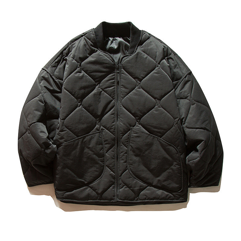Unisex Lightweight Boxy Puffer Jacket with distinctive diamond quilting, front round pockets, and ribbed collar Mune Fashion