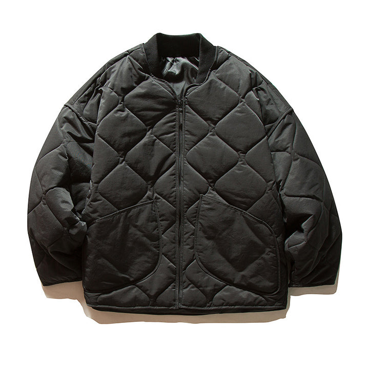 Unisex Lightweight Boxy Puffer Jacket with distinctive diamond quilting, front round pockets, and ribbed collar Mune Fashion