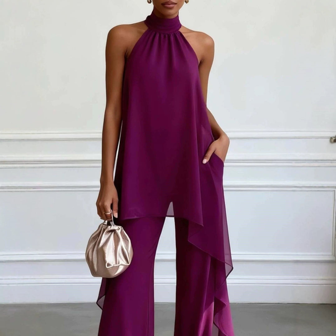 Ladies' elegant evening two-piece with gathered stand collar, asymmetrical ruffle, and flowing flared trousers Mune Fashion