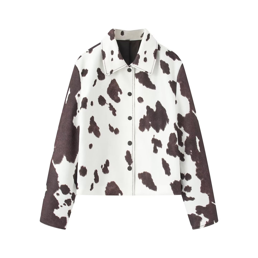 Women's Cropped Shirt Jacket in Boxy Cut with Cow Spot Print and Press Stud Placket Mune Fashion