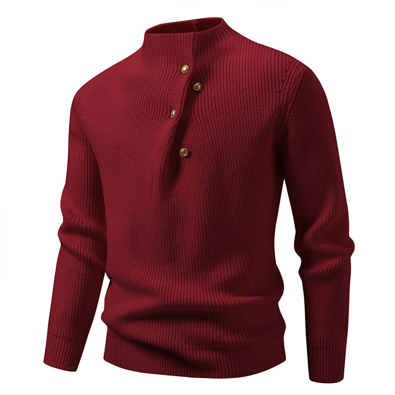 Men's fine knit sweater with asymmetric button placket and stand-up collar Mune Fashion