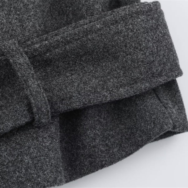 Men's short double-breasted wool coat with stand collar and waist belt Mune Fashion