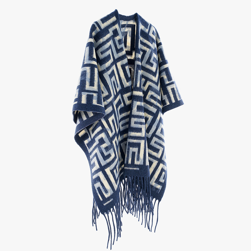 Women's Geometric Jacquard Cape Poncho with Fringes and Open Fall Mune Fashion