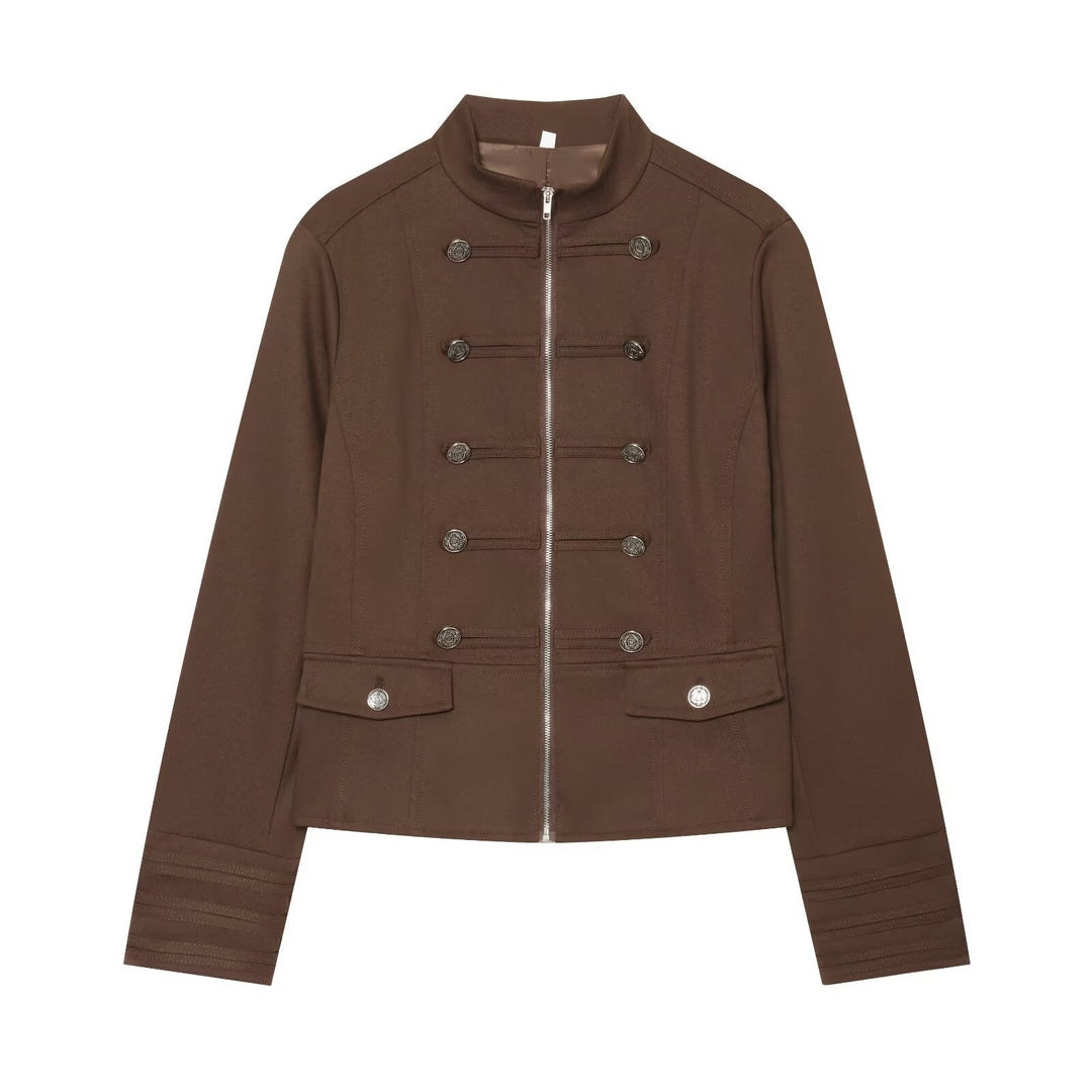 Women's Military Inspired Short Jacket with Stand-Up Collar and Decorative Buttons Mune Fashion