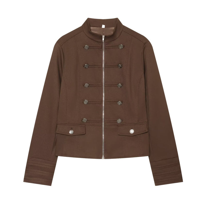 Women's Military Inspired Short Jacket with Stand-Up Collar and Decorative Buttons Mune Fashion