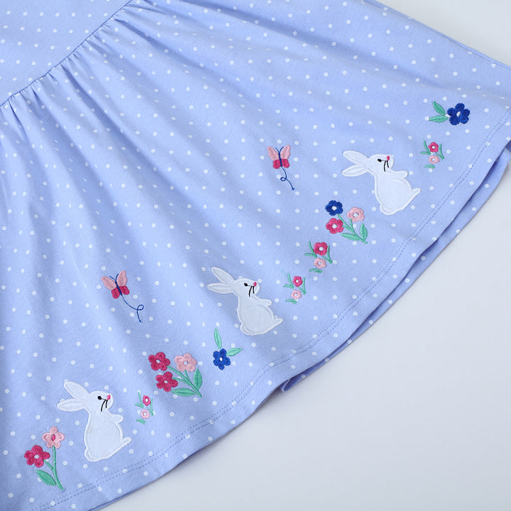 Girls Short Sleeve Dress with Flowing Cut and Cute Bunny Motif Mune Fashion