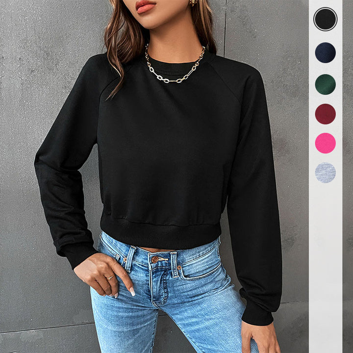 Women's Short Minimalist Sweatshirt with Raglan Sleeves and Ribbed Hem Mune Fashion