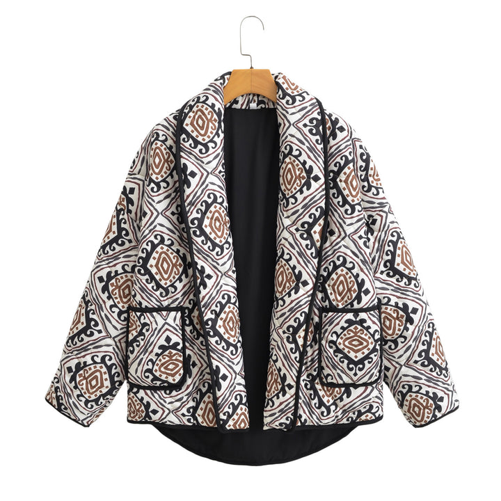 Women's Quilted Kimono Jacket with Ethno Print, Contrast Piping and Patch Pockets Mune Fashion