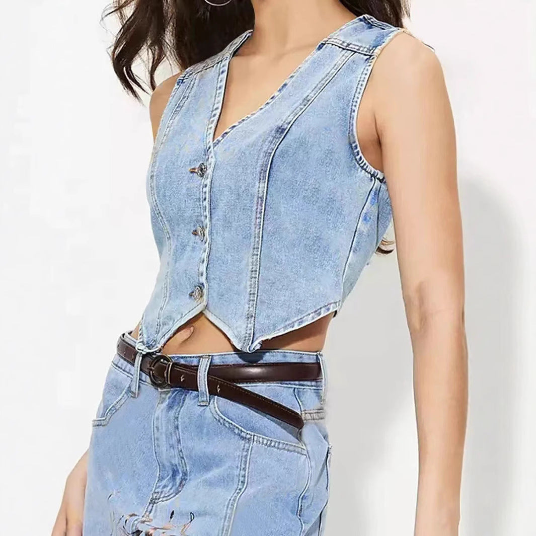 Women tailored sleeveless denim vest with V-neck Mune Fashion