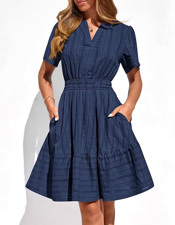 Women's Tailored Tiered Midi Dress with Smocked Waist, V-Neck and Pockets Mune Fashion