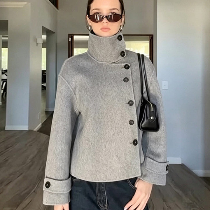 Women's Short Wool Blend Coat with Asymmetrical Button Placket and High Standing Collar Mune Fashion
