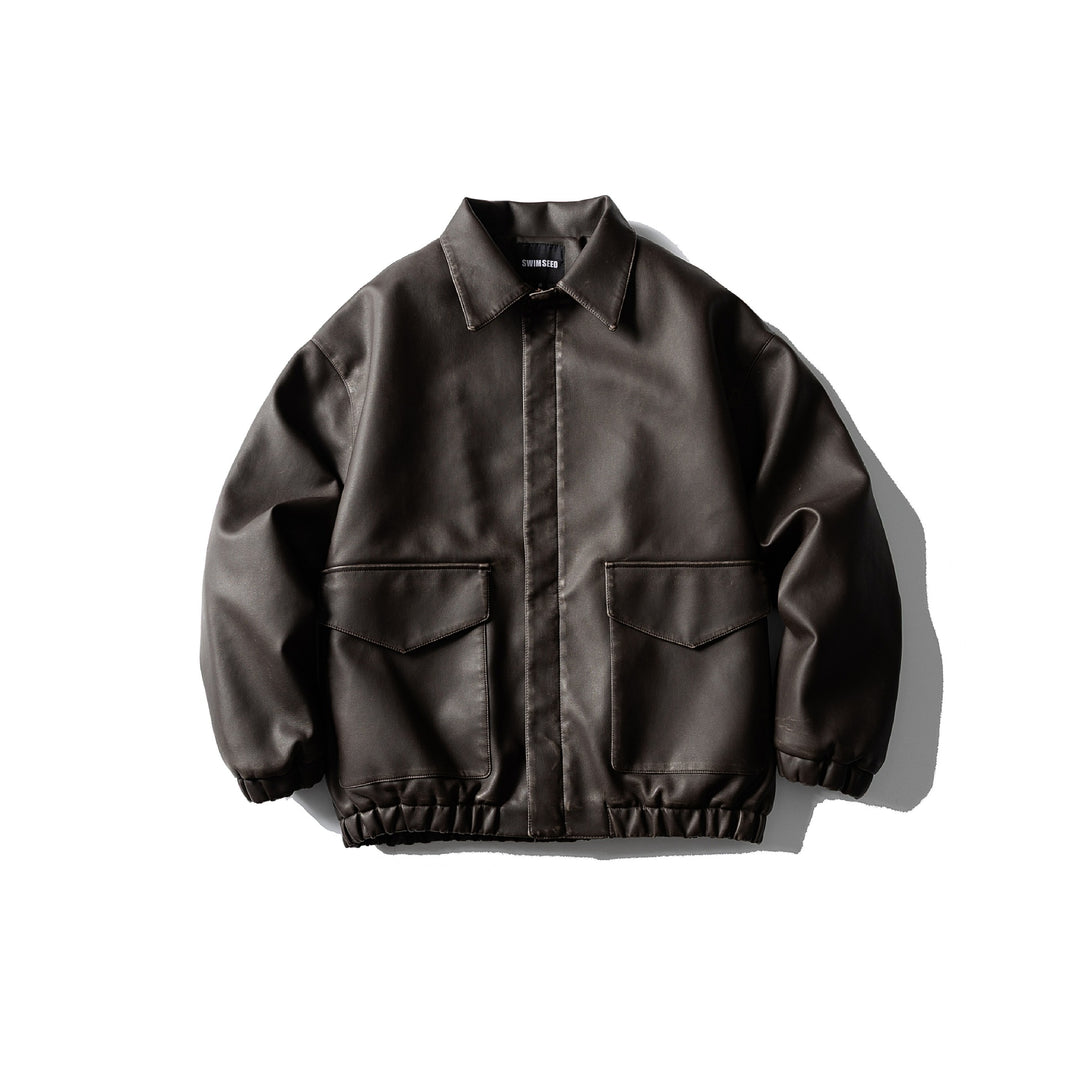 Men's Oversized Faux Leather Bomber Jacket with Flap Pockets, Concealed Closure and Elastic Hem Mune Fashion