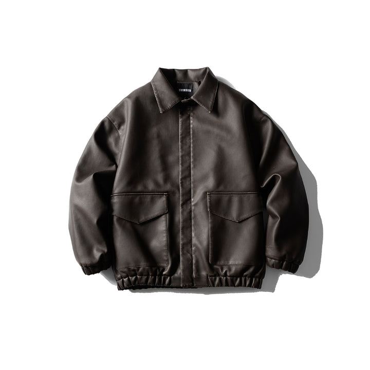 Men's Oversized Faux Leather Bomber Jacket with Flap Pockets, Concealed Closure and Elastic Hem Mune Fashion