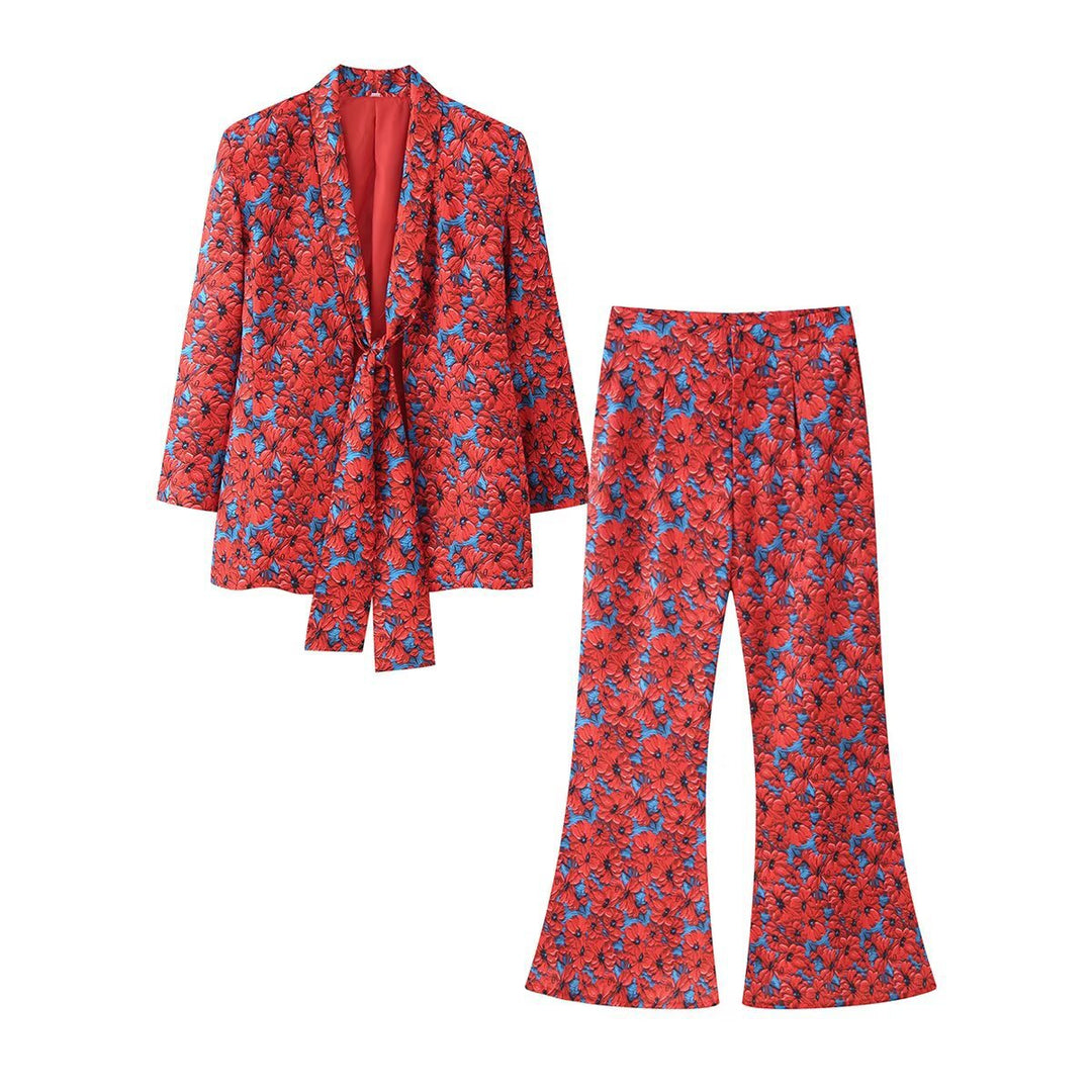 Women's Two-Piece Blazer and Flared Pants Set with Knot Detail Mune Fashion