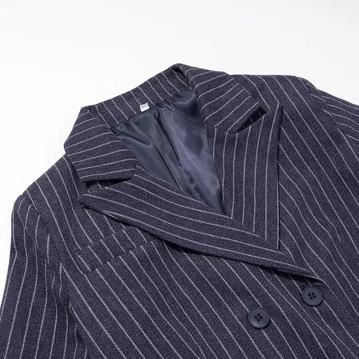 Ladies elegant longer double-breasted coat with pinstripes, shawl collar and patch pockets Mune Fashion