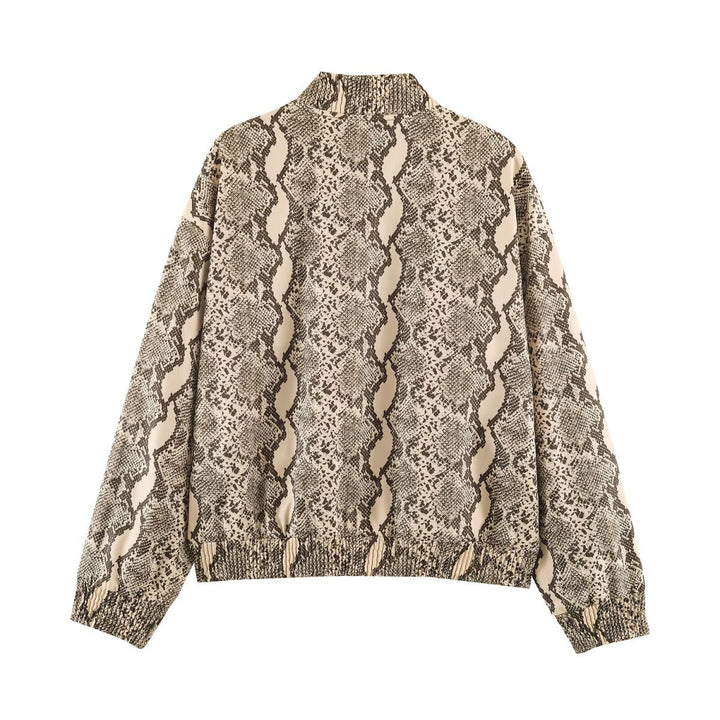 Women's Lightweight Bomber Jacket with Snake Print, Zipper and Elastic Hem