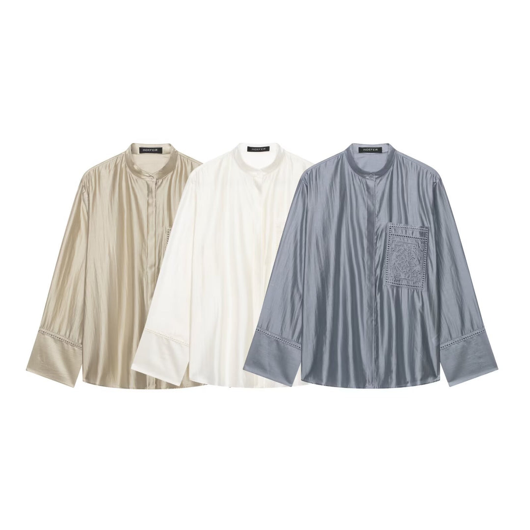 Women's Oversize Silk Look Blouse with Stand Collar and Embroidered Chest Pocket Mune Fashion