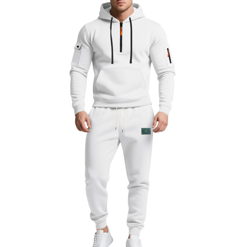 Men's half-zip hoodie and tapered jogger set with kangaroo pocket, zipper details, and elastic drawstring waistband Mune Fashion
