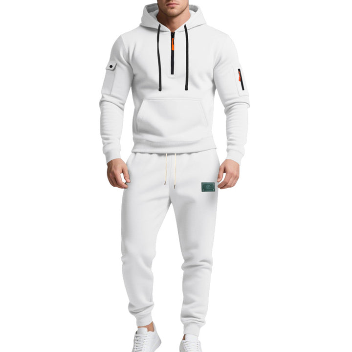 Men's half-zip hoodie and tapered jogger set with kangaroo pocket, zipper details, and elastic drawstring waistband Mune Fashion