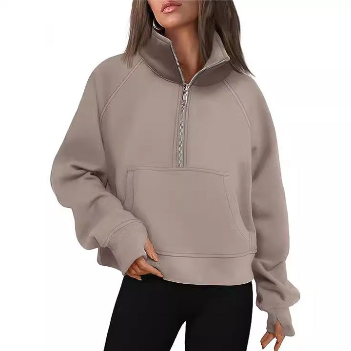 Women's cropped half-zip sweatshirt with high stand-up collar, kangaroo pocket, and drop shoulder Mune Fashion